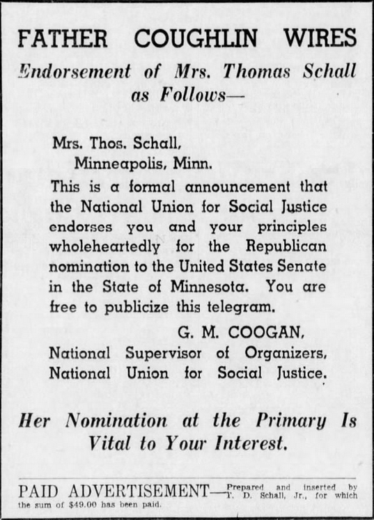 Print advertisement for Margaret Schall's 1936 Republican U.S. Senate special primary campaign