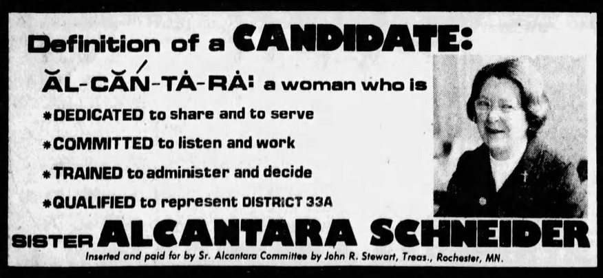 Print advertisement for Sister Alcantar Schneider's 1976 HD 33A general election campaign