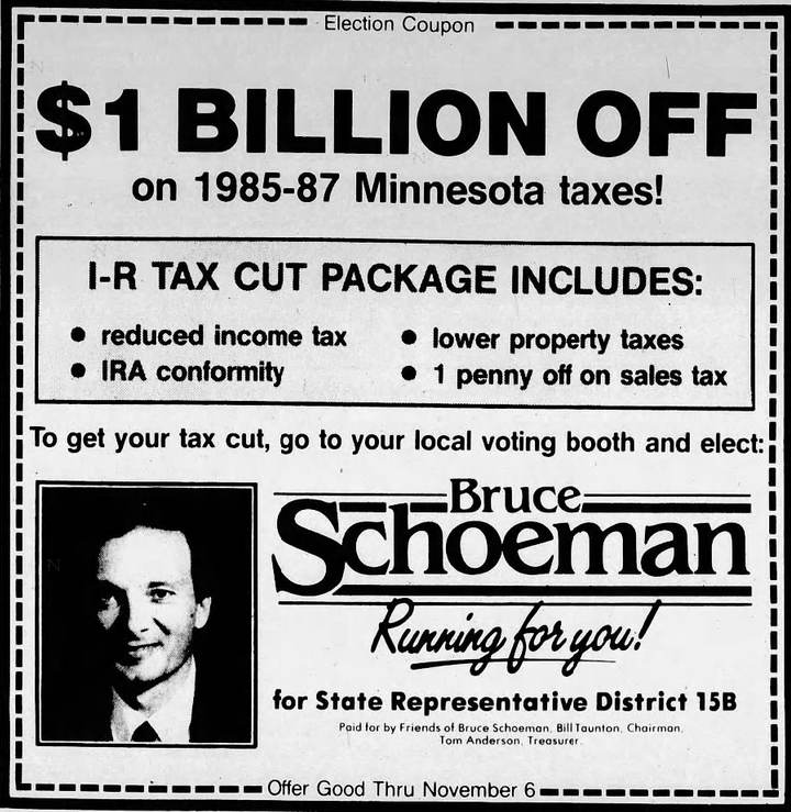 Print advertisement for Bruce Schoeman's 1984 HD 15B general election campaign