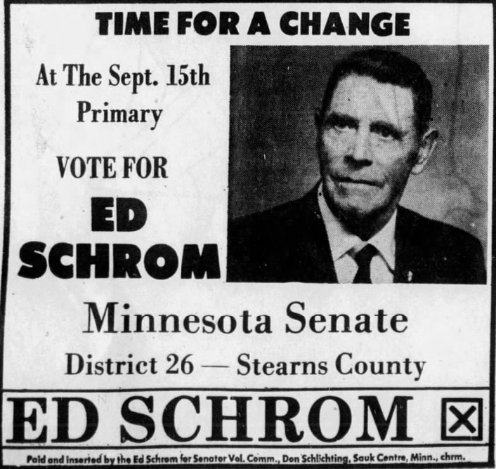 Print advertisement for Ed Schrom's 1970 SD 26 general election campaign