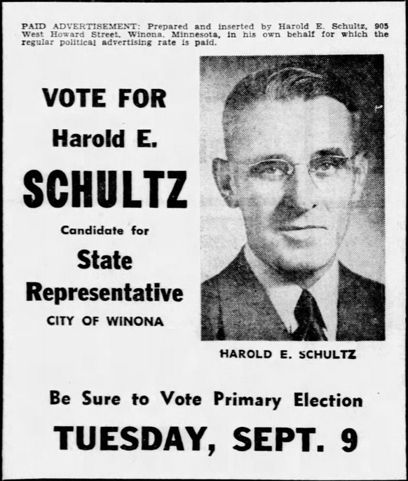 Print advertisement for Harold E. Schultz's 1952 HD 02 primary election campaign