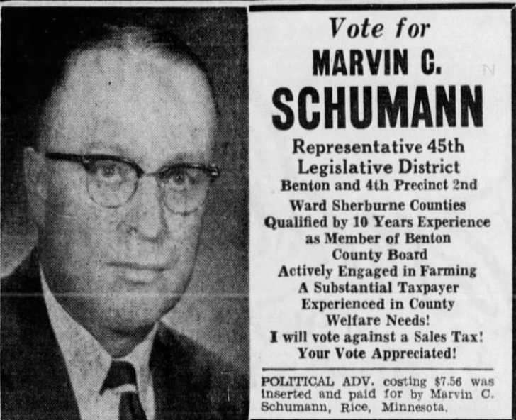 Print advertisement for Marvin C. Schumann's 1954 HD 45 general election campaign