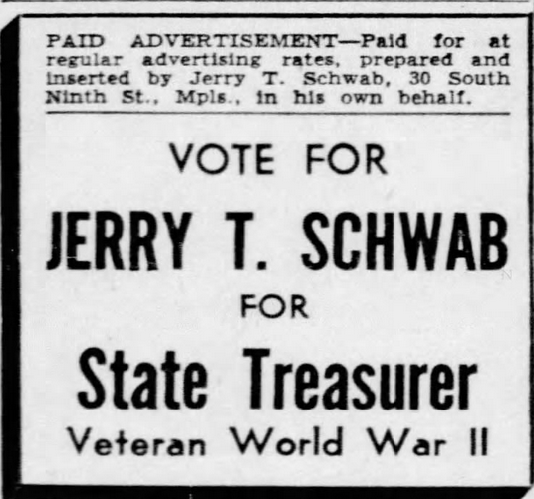 Print advertisement for Jerry T. Schwab's 1946 Republican Treasurer primary campaign