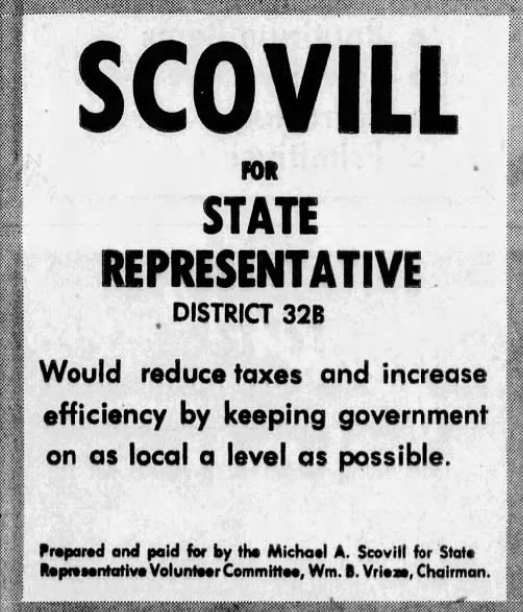 Print advertisement for Michael A. Scovill's 1974 HD 32B primary election campaign