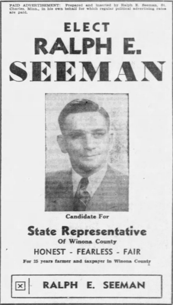 Print advertisement for Ralph E. Seeman's 1948 HD 02 general election campaign