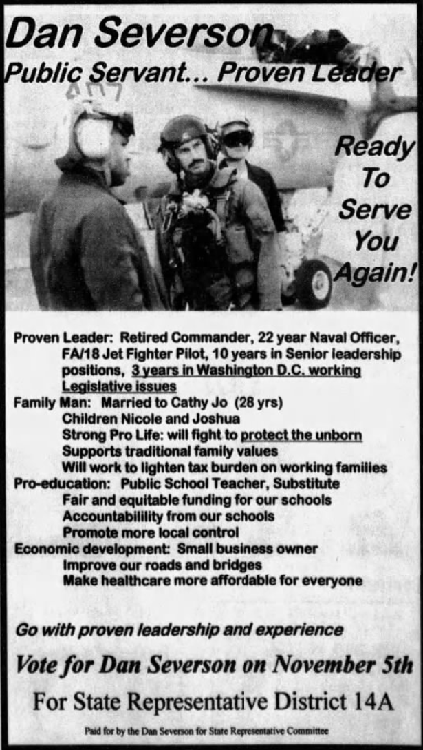 Print advertisement for Dan Severson's 2002 HD 14A general election campaign