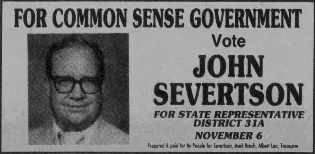 Print advertisement for John Severtson's 1990 HD 31A general election campaign