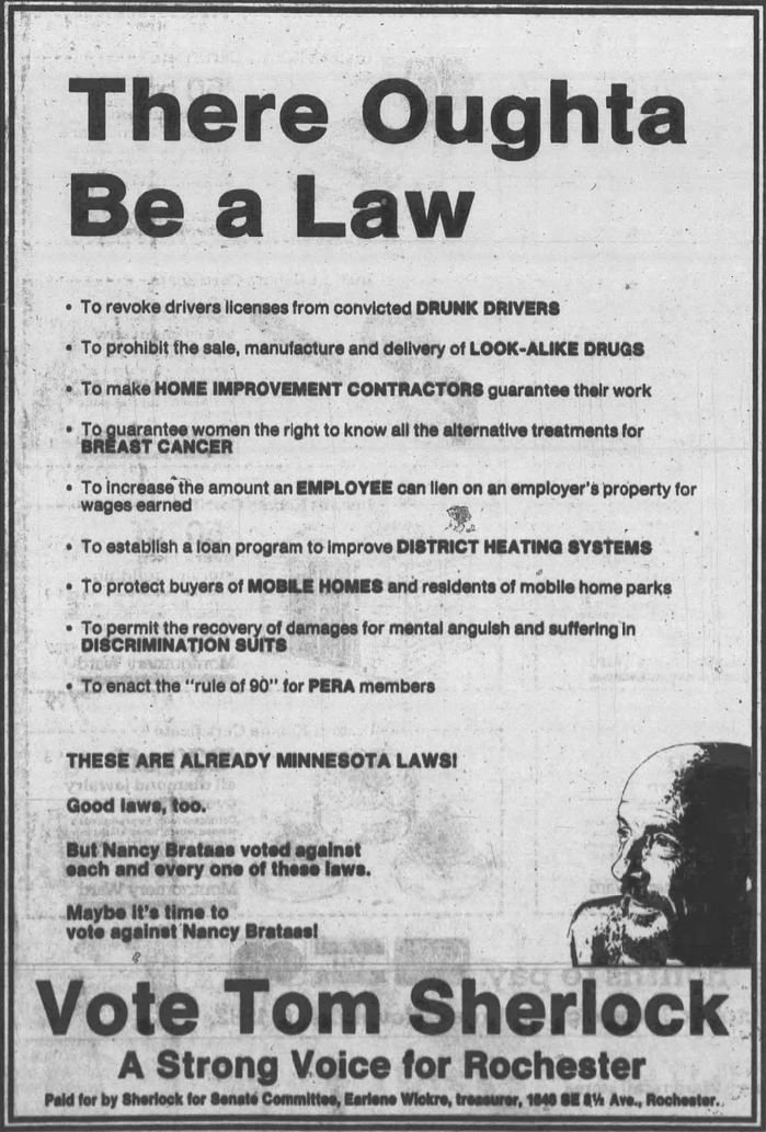 Print advertisement for Tom Sherlock's 1982 SD 33 general election campaign