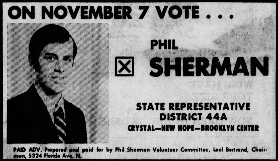 Print advertisement for Phil Sherman's 1972 HD 44A general election campaign