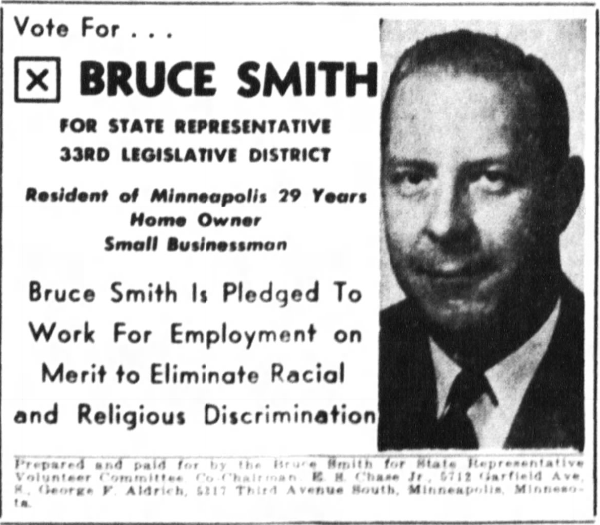 Print advertisement for Bruce Smith's 1954 HD 33 general election campaign
