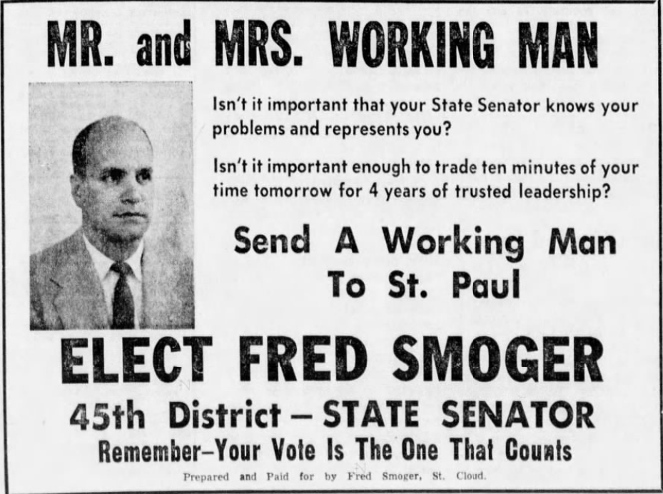 Print advertisement for Fred M. Smoger's 1958 HD 45 primary election campaign