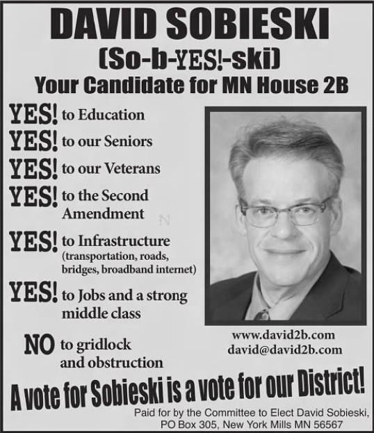 Print advertisement for David Sobieski's 2014 HD 02B general election campaign
