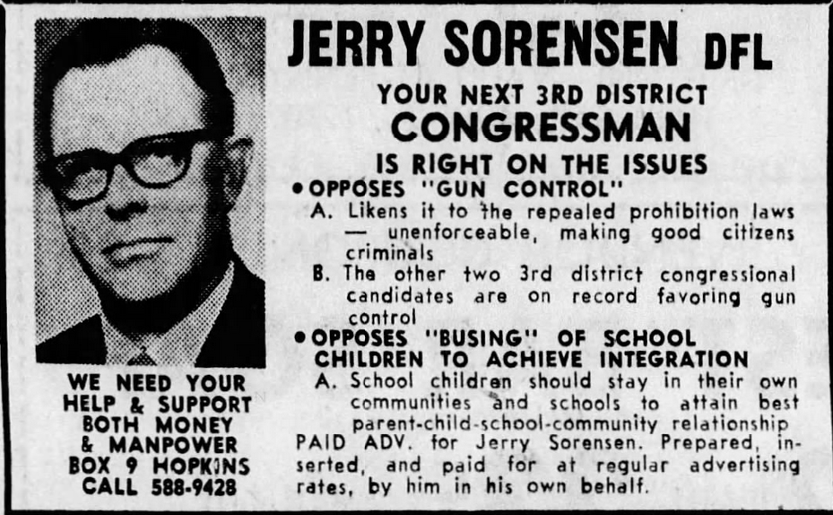 Print advertisement for Jerry Sorensen's 1970 CD 03 DFL primary campaign