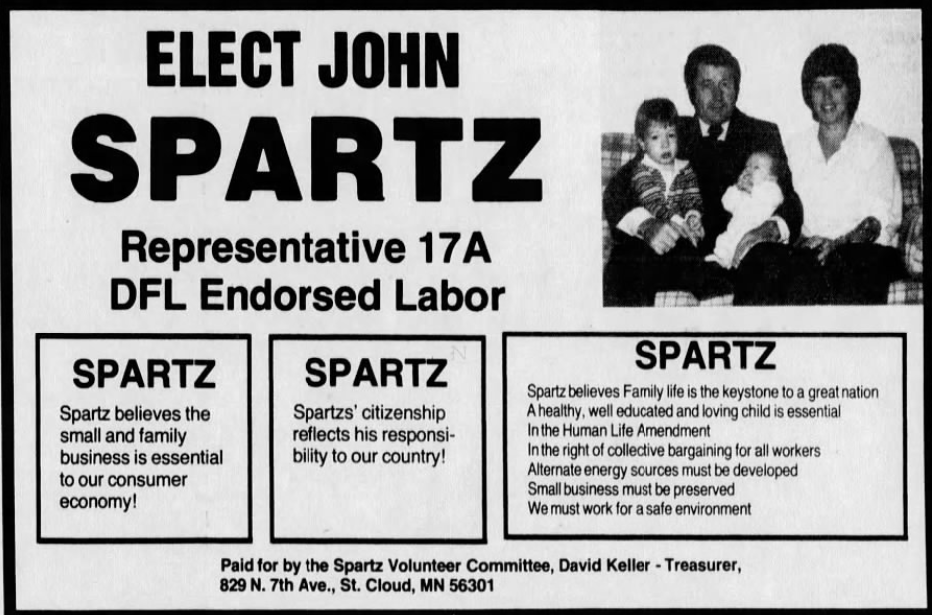 Print advertisement for John Spartz's 1980 HD 17A general election campaign