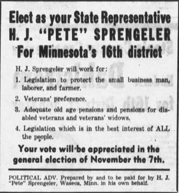 Print advertisement for Helmuth Sprengeler's 1950 HD 16 general election campaign