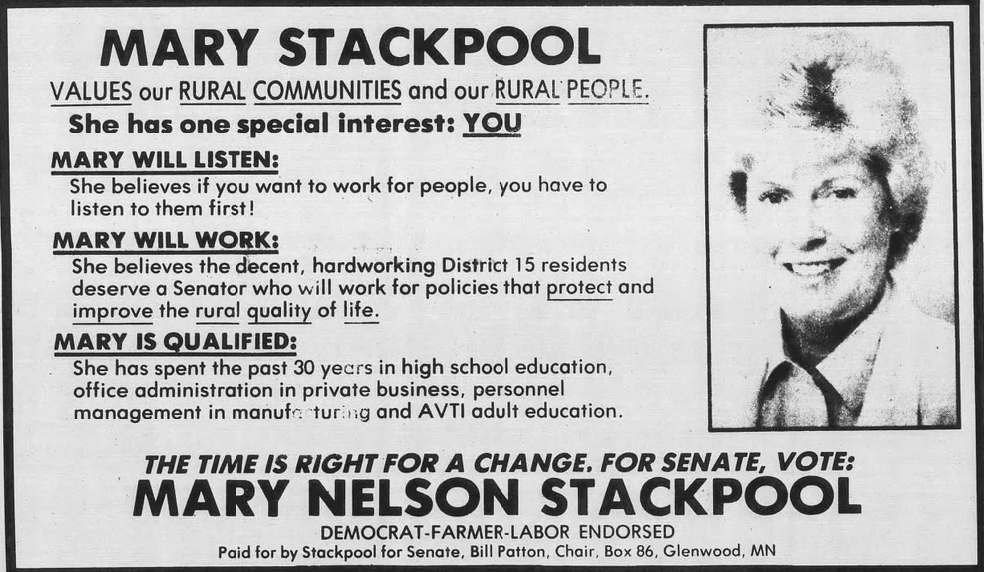 Print advertisement for Mary Nelson Stackpool 1986's HD 15 general election campaign