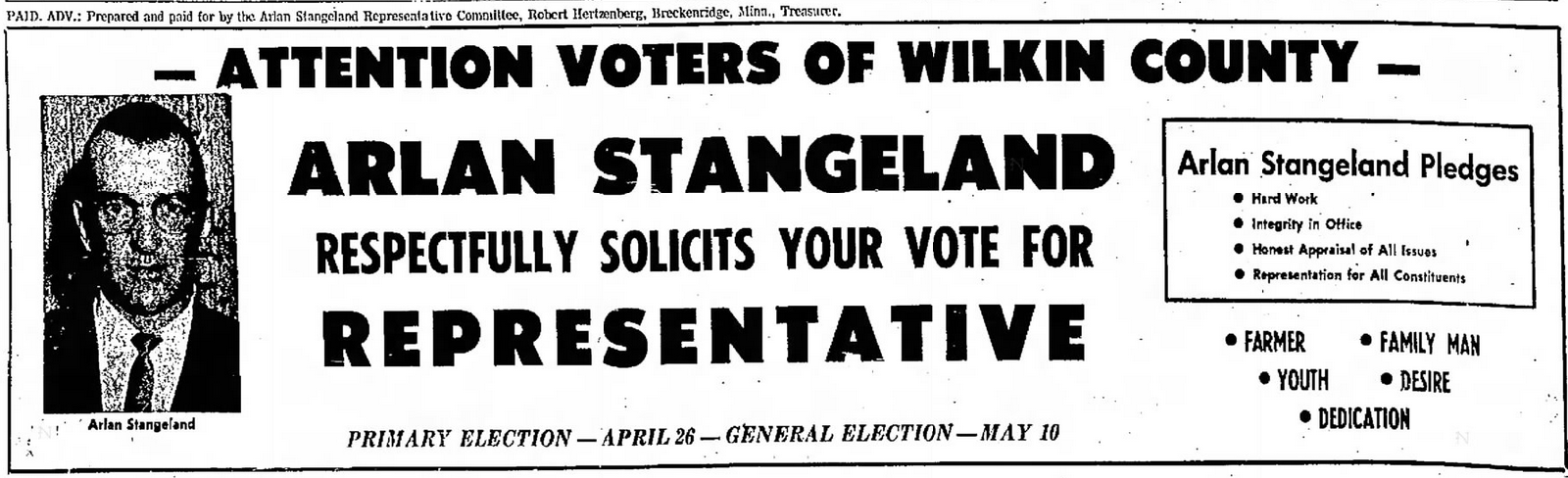 Print advertisement for Arlan Stangeland's 1966 HD 56 primary election campaign