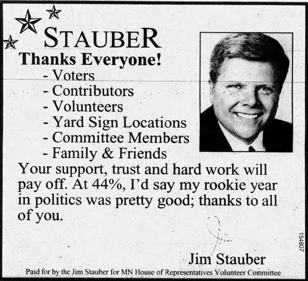 Print advertisement for Jim Stauber's 1998 HD 06B general election campaign