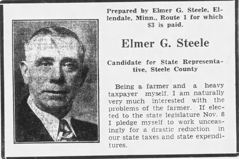 Print advertisement for Elmer G. Steele's 1932 HD 16 general election campaign