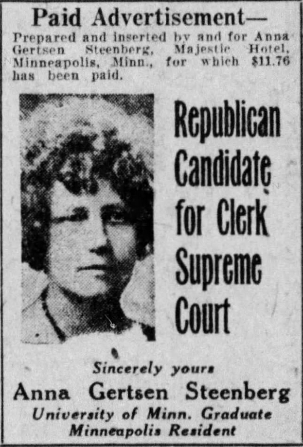 Print advertisement for Anna Gertsen Steenberg's 1926 Clerk of the Supreme Court Republican primary campaign