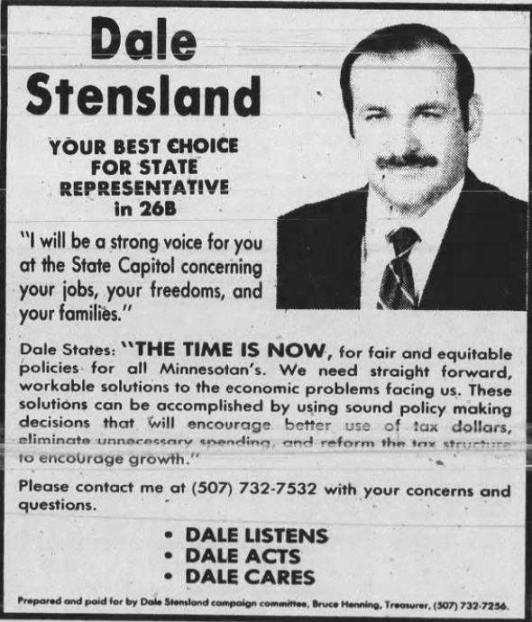 Print advertisement for Dale Stensland's 1986 HD 26B Independent-Republican primary campaign
