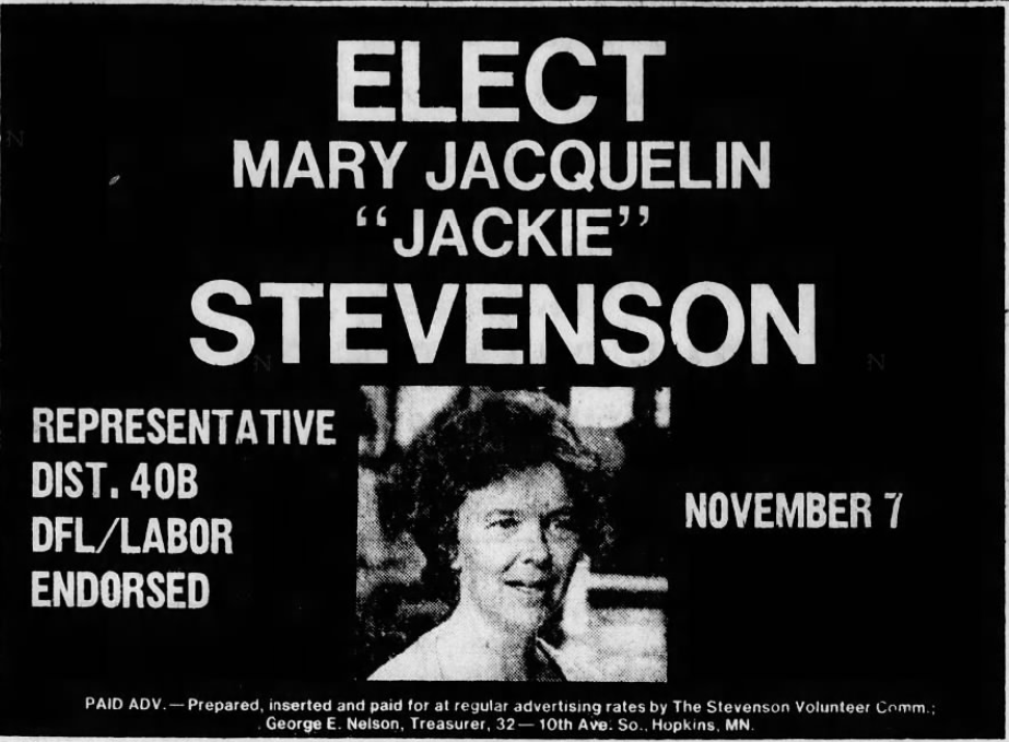 Print advertisement for Mary Jacquelin Stevenson's 1978 HD 40B general election campaign
