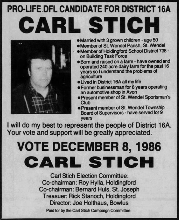 Print advertisement for Carl F. Stich's 1986 HD 16A special primary election