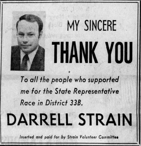 Print advertisement for Darrell Strain's HD 33B general election campaign