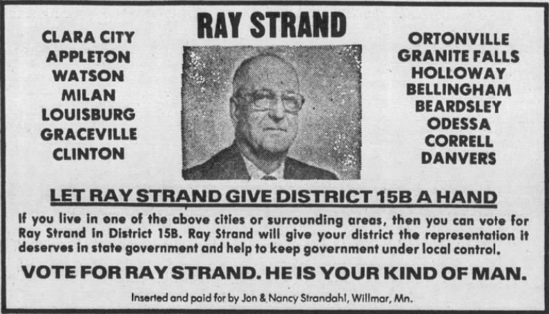 Print advertisement for Ray Strand's 1978 HD 15B general election campaign