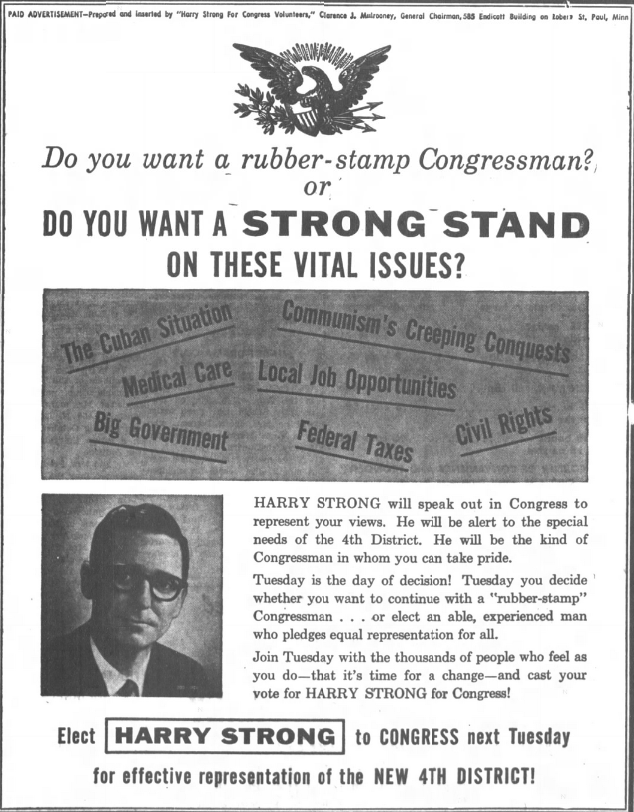 Print advertisement for Harry Strong's 1962 CD 04 general election campaign