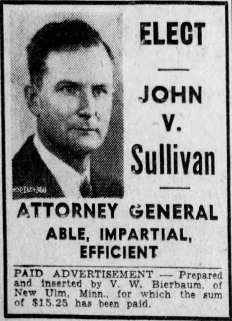 Print advertisement for John Sullivan's 1938 Attorney General general election campaign