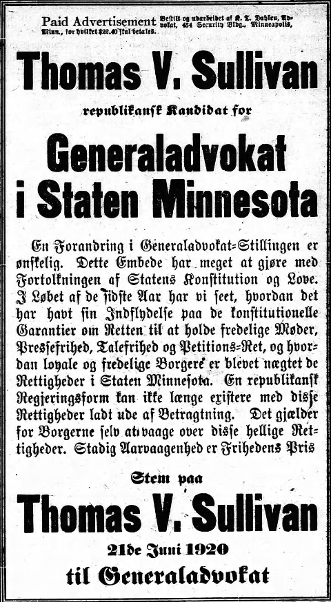 Print advertisement for Thomas V. Sullivan's 1920 Attorney General Republican primary campaign