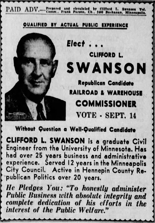 Print advertisement for Clifford L. Swanson's 1954 Railroad and Warehouse Commissioner Republican primary campaign