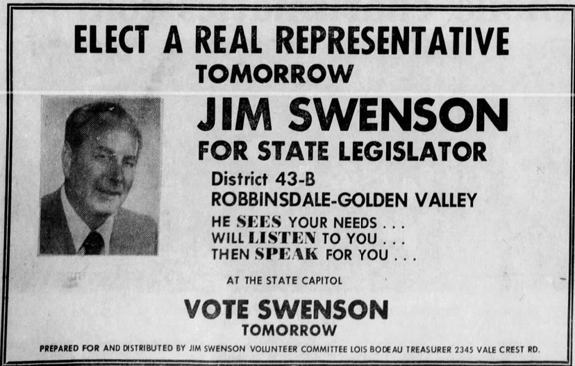 Print advertisement for Jim Swenson's 1974 HD 43B general election campaign