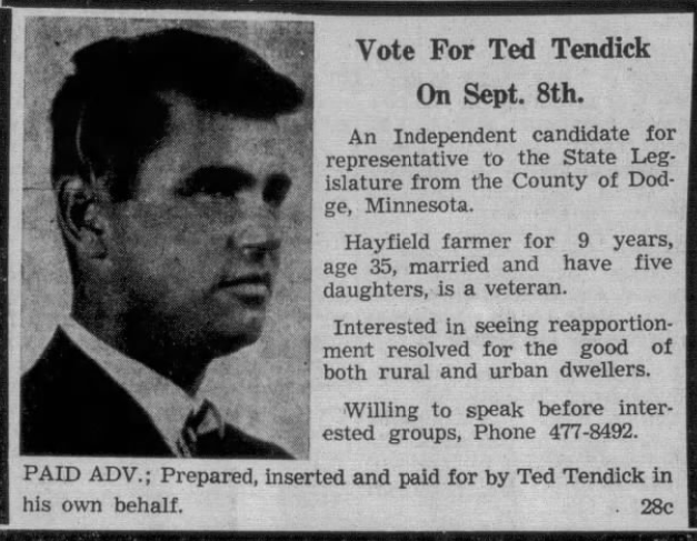 Print advertisement for Ted O. Tendick's 1964 HD 05 primary election campaign