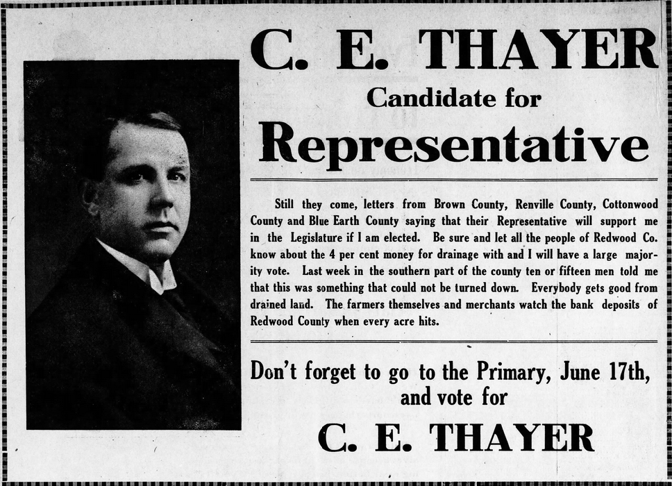 Print advertisement for Clarence Thayer's 1918 HD 14 primary election campaign