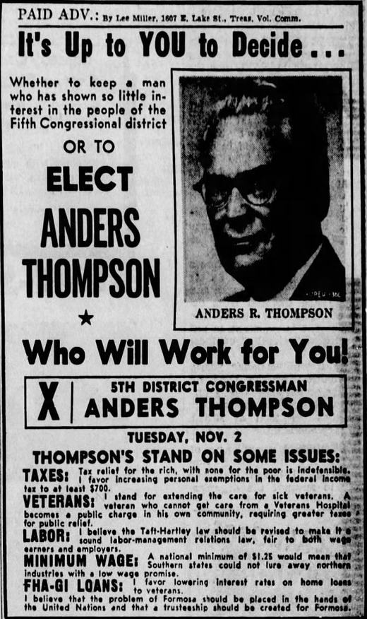 Print advertisement for Anders Thompson's 1954 CD 05 general election campaign