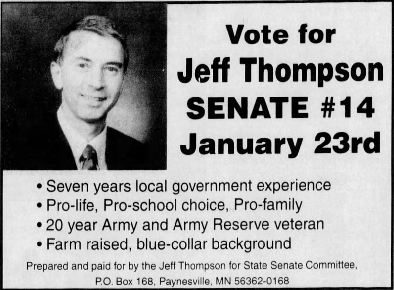Print advertisement for Jeff Thompson's 1996 SD 14 Republican special election primary