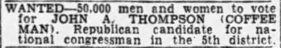 Campaign advertisement in the "Personals" section for John A. Thompson's 1938 CD 05 Republican primary campaign