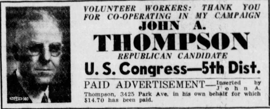 Campaign advertisementfor John A. Thompson's 1938 CD 05 Republican primary campaign