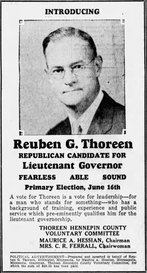 Print advertisement for Reuben G. Thorneen's 1930 Lieutenant Gubernatorial Republican primary campaign
