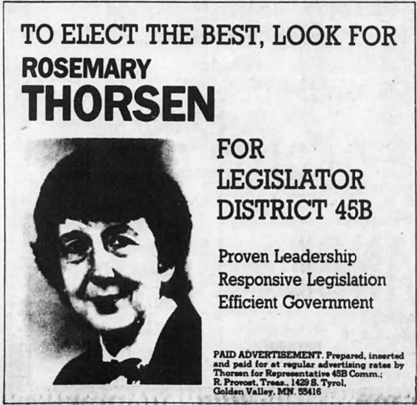 Print advertisement for Rosemary Thorsen's 1982 HD 45B general election campaign
