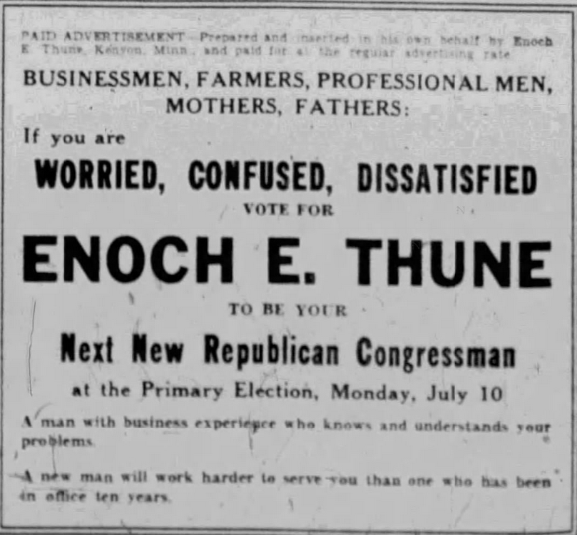 Print advertisement for Enoch E. Thune's 1944 CD 01 Republican primary campaign