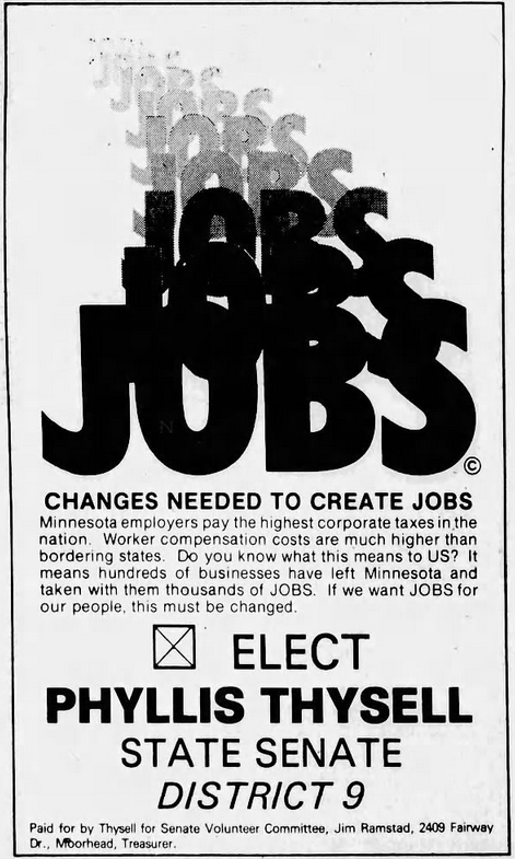 Print advertisement for Phyllis Thysell's 1982 SD 09 general election campaign