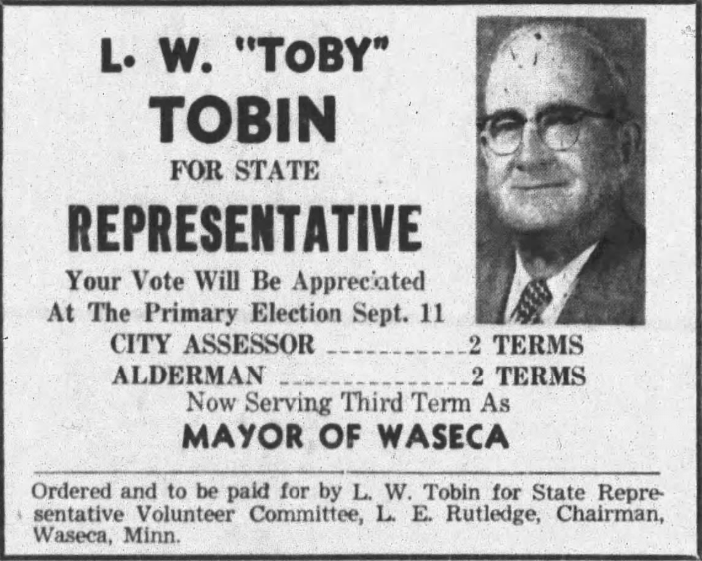 Print advertisement for Leonard Tobin's 1956 HD 16 primary election campaign