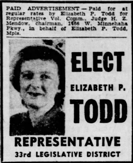 Print advertisement for Elizabeth P. Todd's 1948 HD 33 general election campaign