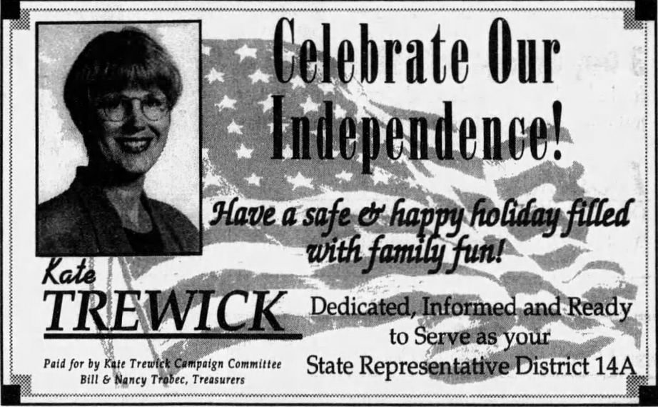 Print advertisement for Kate Trewick's 1994 HD 14A primary election campaign