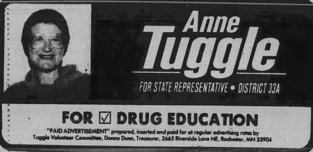 Print advertisement for Anne Tuggle's 1986 HD 33A general election campaign