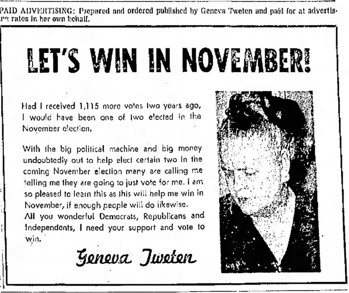 Print advertisement for Geneva Tweten's 1968 HD 55 general election campaign