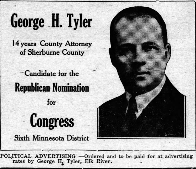 Print advertisement for George H. Tyler's 1924 6th CD Republican primary campaign